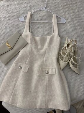 Cream Textured Mini Dress with Pearl Pocket Buttons BabyBoo Boutique